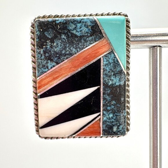 VTG Sterling Silver Navajo Paul Largo Turquoise Multi Stone Inlay Earrings 1" L - Picture 5 of 13